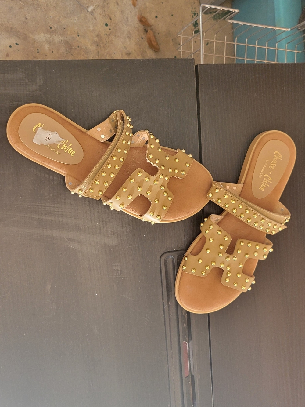 Tan Studded Slide Sandals - Women